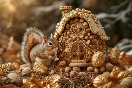 charming squirrel sits in front of a whimsical gingerbread house, its little paws reaching out as it gazes at the sugary creation.の素材