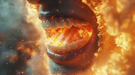 A close-up view of a persons mouth with flames shooting out, showcasing fiery intensity and power.の素材