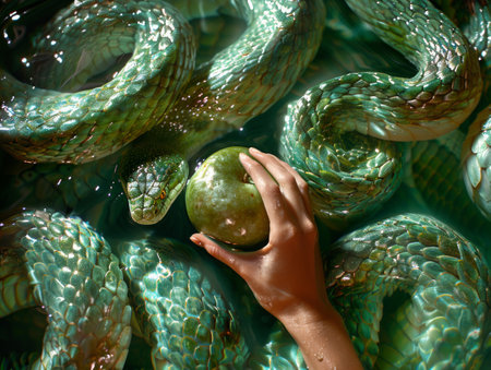 A person stands holding a green apple in front of two menacing snakes, reminiscent of the biblical story of Eve, the tempting serpent, and the forbidden fruit.の素材