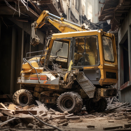 A construction vehicle in yellow and black is parked on a street, amidst a scene of house demolition and destroyed houses.の素材