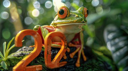 A frog sits atop a vibrant green plant, showcasing the delicate balance of nature.の素材