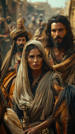 A man and a woman are riding horses together in a field.の素材