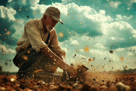 man kneels down in a field of dirt, hands touching the earth in a gesture of reverence and connection as he tends to the crops with care and dedication.の素材