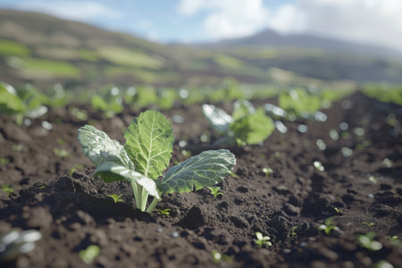 close-up view of a delicate plant sprouting from the rich soil, reaching towards the sun with its tender leaves.の素材