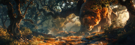 rare lion and bear mutant gracefully walks through a lush forest abundant with towering trees.の素材
