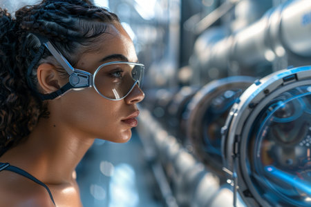 woman in a solarium wearing protective goggles gazes intently at a mysterious machine, studying its intricate details.の素材