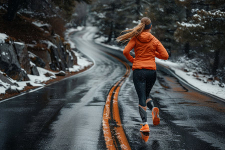 woman in athletic gear jogs along a snowy road in the mountains, surrounded by a serene winter landscape.の素材