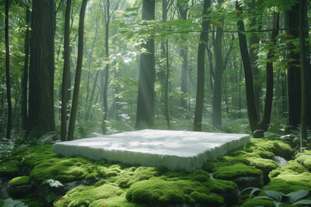 mattress placed on a concrete podium in the heart of a lush green forest, offering a unique and peaceful place to rest and connect with the natural world.の素材