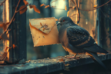 pigeon perched on a ledge, holding a piece of cheese in its mouth.の素材