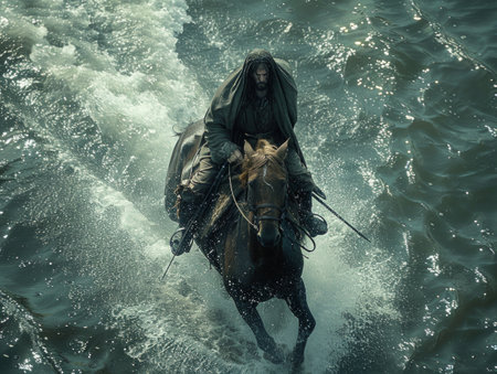 man like figure, possibly Jesus, riding a gallant horse through a shimmering body of water, holding a sword in hand.の素材