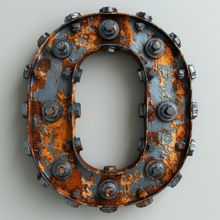 solitary rusty letter O sits on a blank canvas, showcasing the passage of time and the beauty found in decay.の素材