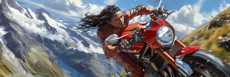 fearless woman with flowing hair rides a sleek motorcycle, embodying freedom and independence as she speeds forward.の素材
