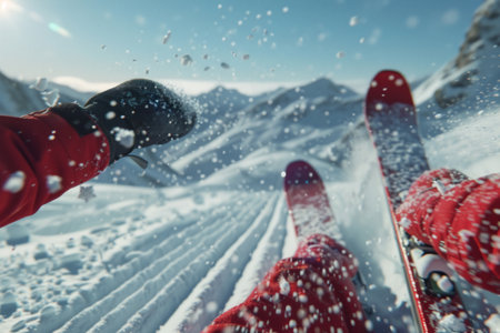 Two snowboarders stand gracefully on a snow-covered slope, their boards nestled in the fresh white powder, the mountains looming majestically in the background.の素材