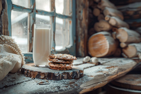 tempting sight awaits as a stack of cookies sits next to a glass of cold milk, ready to be enjoyed and savored.の素材