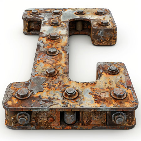 aged, rusted letter L stands boldly against a stark white backdrop, showcasing the passage of time and the beauty of decay.の素材