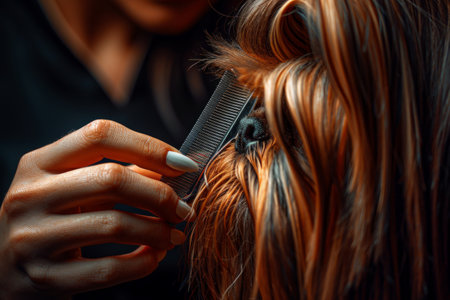 woman lovingly combs through a dogs fur, carefully tending to its hair with patience and precision.の素材
