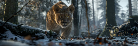 hybrid creature, part lion and part bear, confidently strides through a snow-covered forest, its massive size casting a shadow over the untouched white landscape.の素材