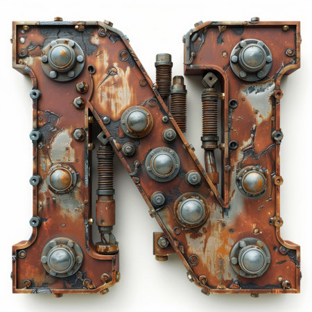 letter N takes center stage in this artistic display, constructed from weathered rusty metal and secured with a variety of screws.の素材