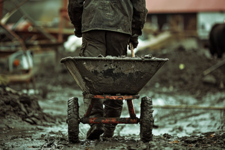 man pushes a wheelbarrow through thick mud, laboring under the weight of cleaning manure on a farm.の素材