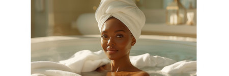 A graceful woman wearing a white towel relaxes in a luxurious bath tub at the spa salon, embodying sheer elegance and tranquility.の素材