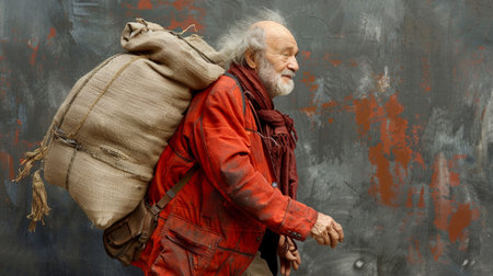 man with a large backpack walks down the street.の素材