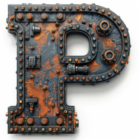beautifully weathered metal letter P stands tall, adorned with rivets giving it a unique and industrial look.の素材
