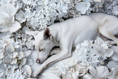 serene white dog peacefully naps in an enchanting bed of delicate white flowers, creating a whimsical scene of tranquility and beauty.の素材