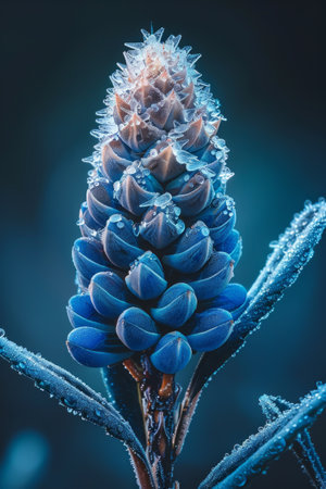 close up of a delicate plant covered in frost, highlighting the intricate beauty of nature in the midst of winters icy embrace.の素材