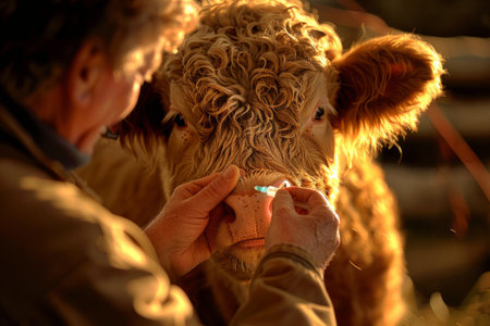 veterinarian gently administers medication to a cow, providing care and comfort for the animals well-being on the farm.の素材
