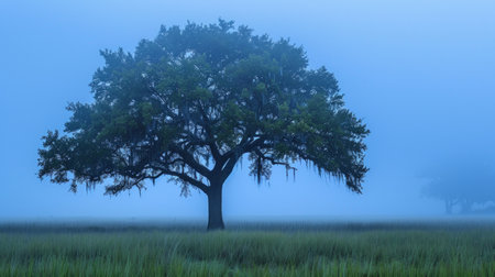 single tree stands tall amidst a field enveloped in thick fog, creating a sense of isolation and mystery in the serene landscape.の素材