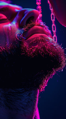 bearded man defiantly breaks the chains above his head, symbolizing freedom and rebellion against oppression.の素材