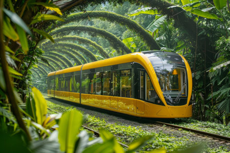 bright yellow train rumbles through a dense, vibrant green forest tunnel, surrounded by lush foliage and towering trees.の素材