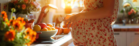 pregnant woman joyfully prepares food in the kitchen, showcasing her skill and care in cooking a delicious meal.の素材