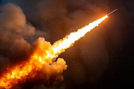 rocket launching into the sky, emitting large plumes of smoke behind it as it ascends towards space.の素材