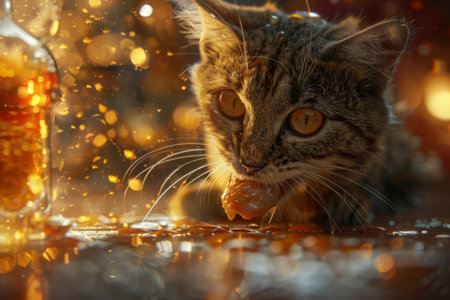 mischievous cat savors a piece of food while eyeing a bottle of beer in the kitchen.の素材