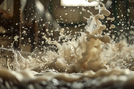 close up of a bowl filled with food, being splashed with water. The water droplets create a dynamic and refreshing scene against the backdrop of the nourishing meal.の素材