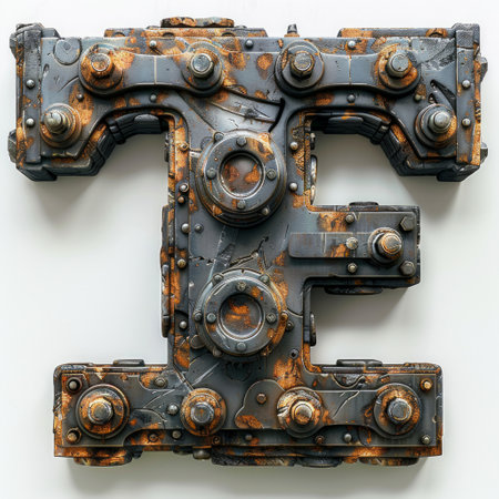 letter E gracefully takes shape through the arrangement of weathered, rusty metal pieces.の素材