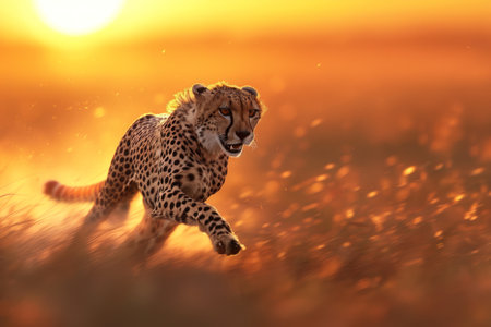 majestic cheetah sprints through a vast field as the sun sets, its sleek body blending with the golden hues of the sky.の素材