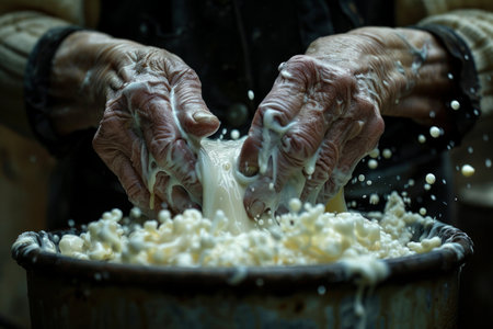 man in overalls meticulously pours a mysterious liquid into a metal bucket on a rustic farm.の素材
