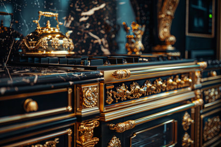 modern kitchen with sleek black and gold accents. A luxurious gold stove top shines against the black granite countertops, creating a lavish and sophisticated space.の素材