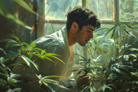 man passionately admiring the lush greenery of vibrant cannabis plants in a tranquil greenhouse setting.の素材