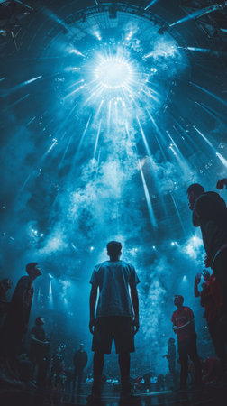 mesmerizing scene of a diverse group of people standing together, gazing in wonder at a vibrant fireworks display lighting up the dark sky.の素材