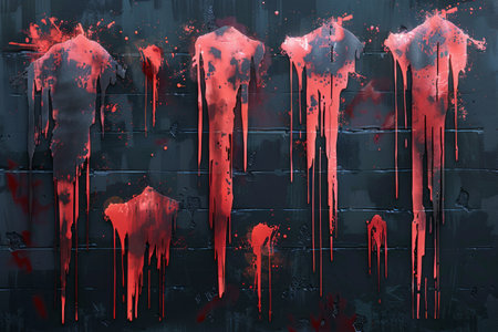 stream of blood drips down the side of a wall, leaving dark, ominous stains in its wake.の素材