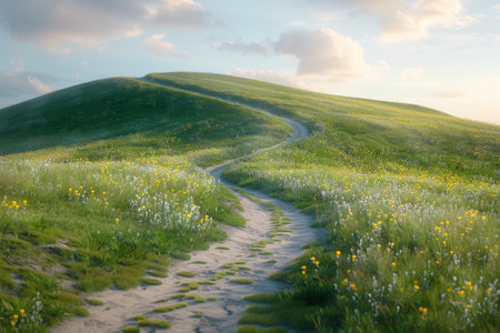 winding path leads up a lush green hill, surrounded by beautiful field of grass under a clear blue sky.の素材