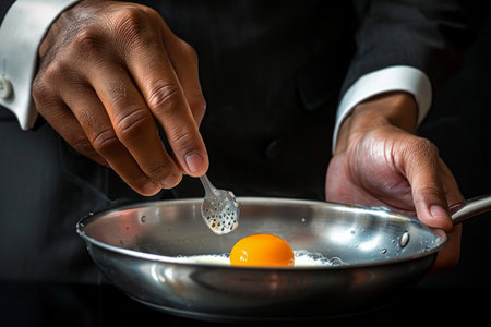 man in a stylish suit expertly stirs an egg in a sizzling pan on a stove, showcasing his culinary skills.の素材