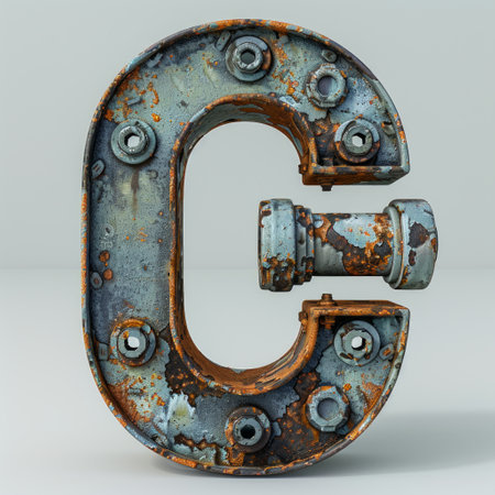 weathered, rusty letter C sits isolated on a plain white background, its once vibrant color faded by time and neglect.の素材