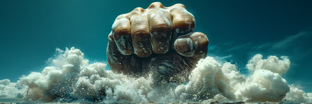 massive hand emerges from the depths of the cloud-filled sky, resembling the legendary fist of god reaching out.の素材