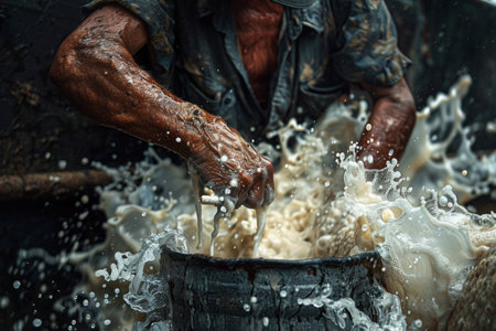 man with a rugged appearance carefully pours fresh milk from a steel pail into a worn wooden bucket on a rustic farm.の素材