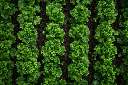 detailed close up of a vast field of vibrant green lettuce plants, thriving in a greenhouse settingの素材