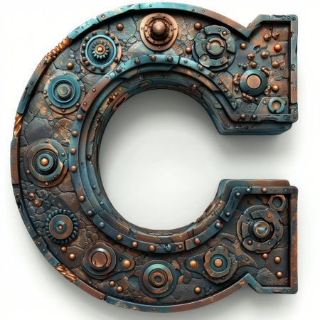 steampunk-inspired letter C constructed from metal and intricate gears, showcasing a blend of technology and Victorian aesthetics.の素材